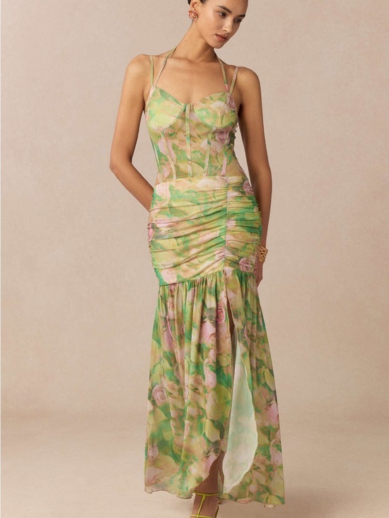 Dresses & Skirts - NWT Floral Fairycore Green Pink Mesh Ruched Maxi Dress